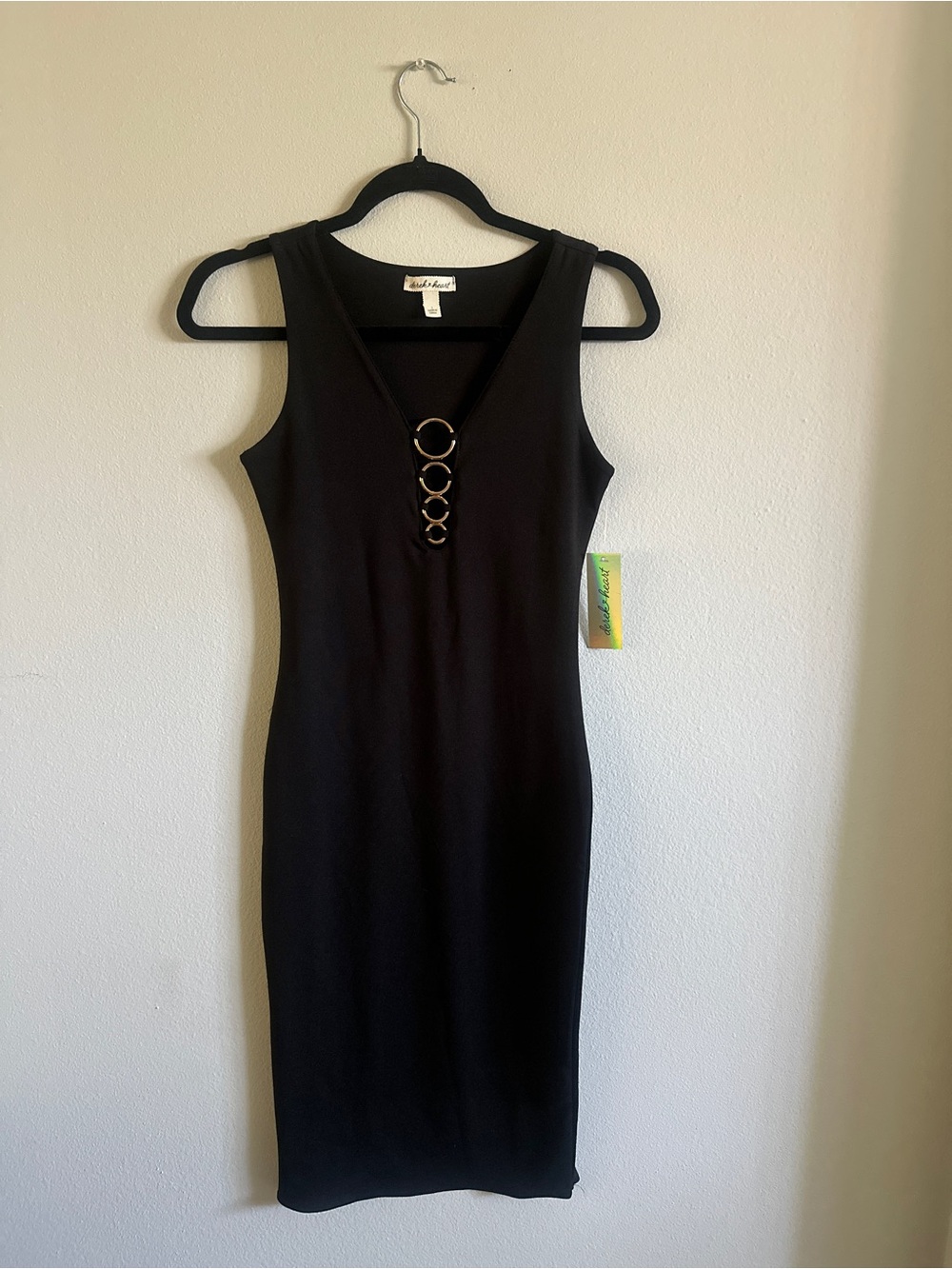 Derek Heart Black Sleeveless Midi Dress with Front Ring Accents